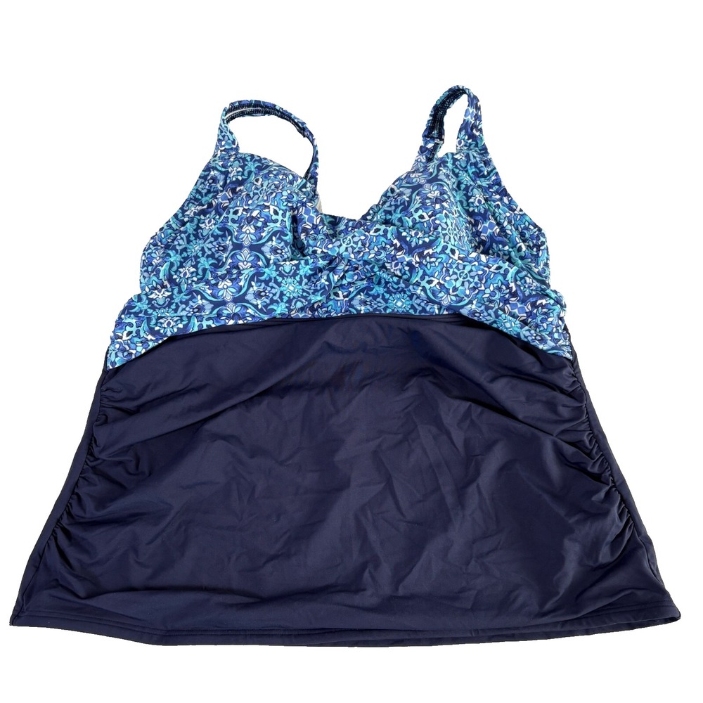 Lands End Tankini Swim Top Size 16W Blue Print Built In Bra Adjustable Beach